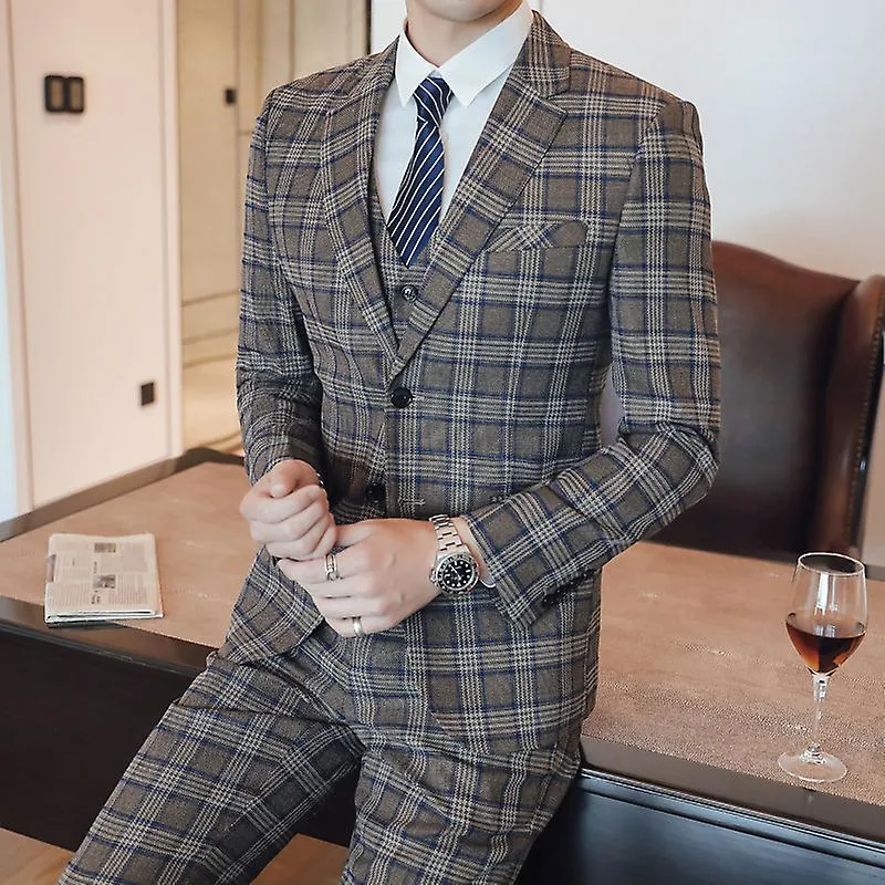 Boutique S-5xl Plus Size (suit + Vest + Trousers) Single-breasted Plaid Suit Business Casual Formal Dress Wedding Groom Suit Thr