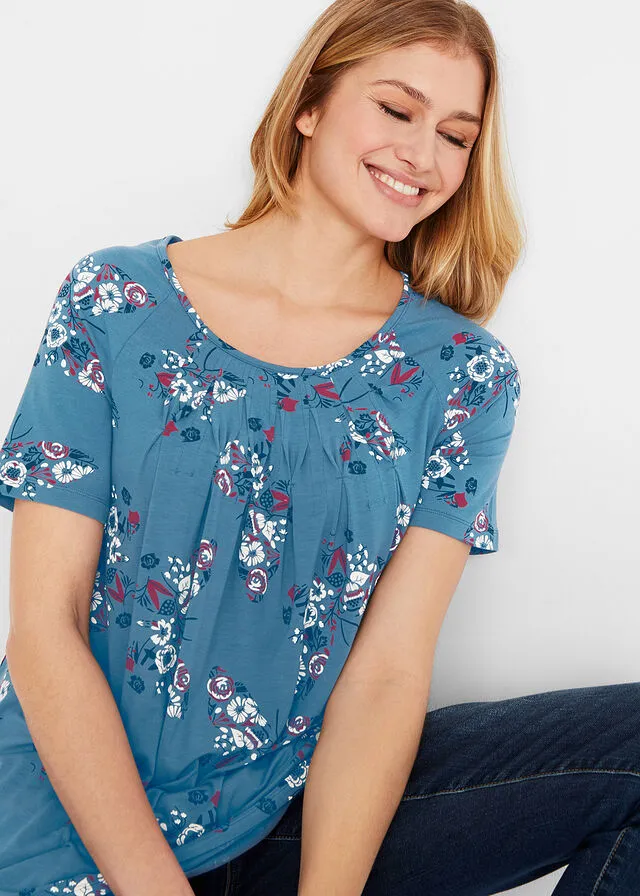 Camiseta larga irregular Azul vaquero estampado