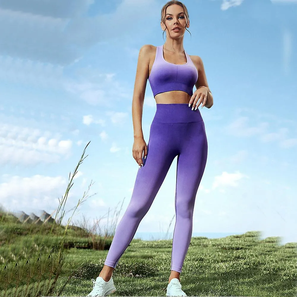 Gradiente Costuras Mujeres Yoga Set Workout Sportswear Gym Clothing Fitness Sports Bra High Waist Scrunch Leggings Sports Suits