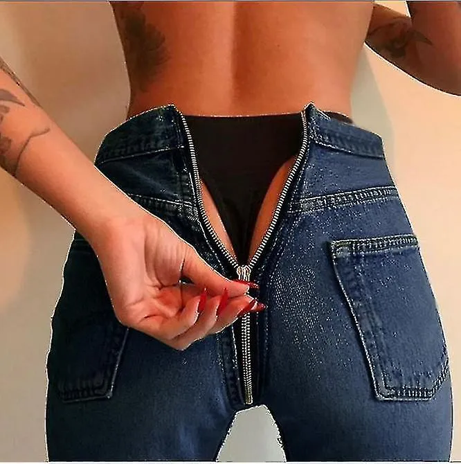 Mujer Denim Zip Open Back Distressed High Waist Skinny Jeans Pantalones Pantalones