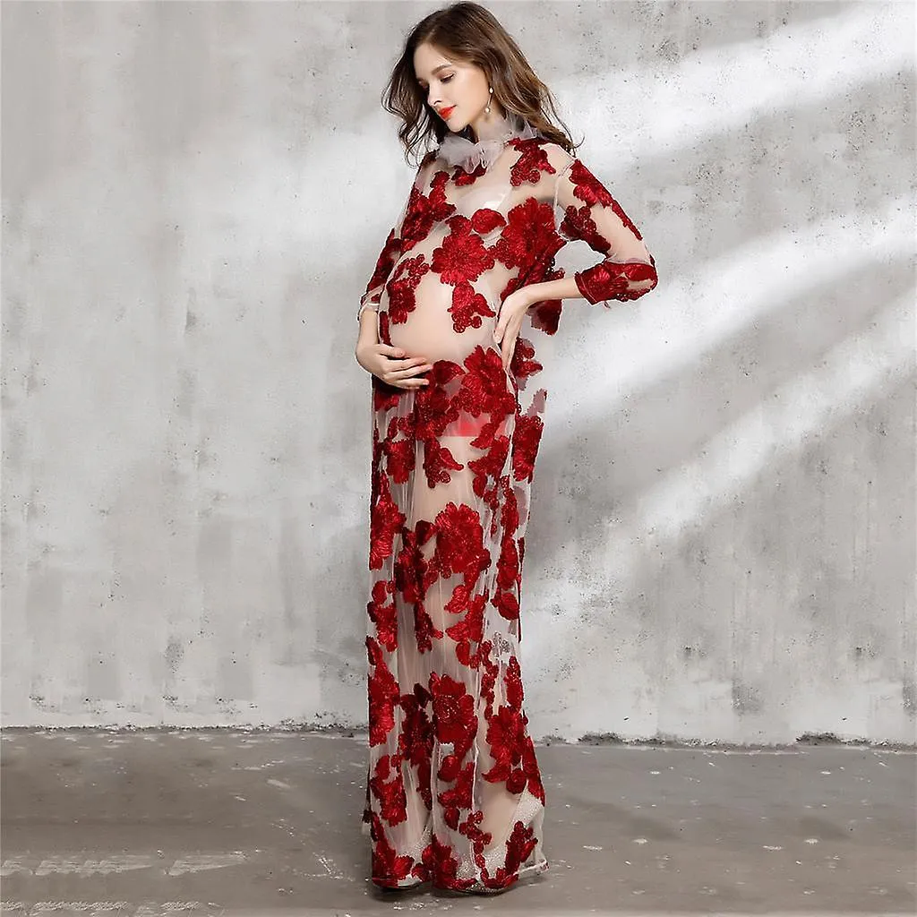 Red Floral Embroidery Sheer Mesh Maxi Dress Maternity Photography Gown For Women