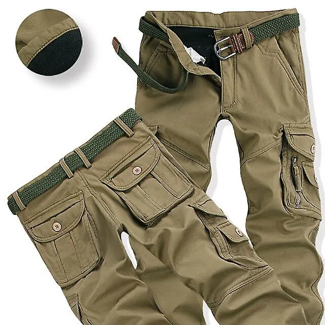 Winter Pants Men Thick Warm Cargo Pants Casual Fleece Pockets Fur Pants Plus Size 38 40 Fashion Loose Baggy Joger Male