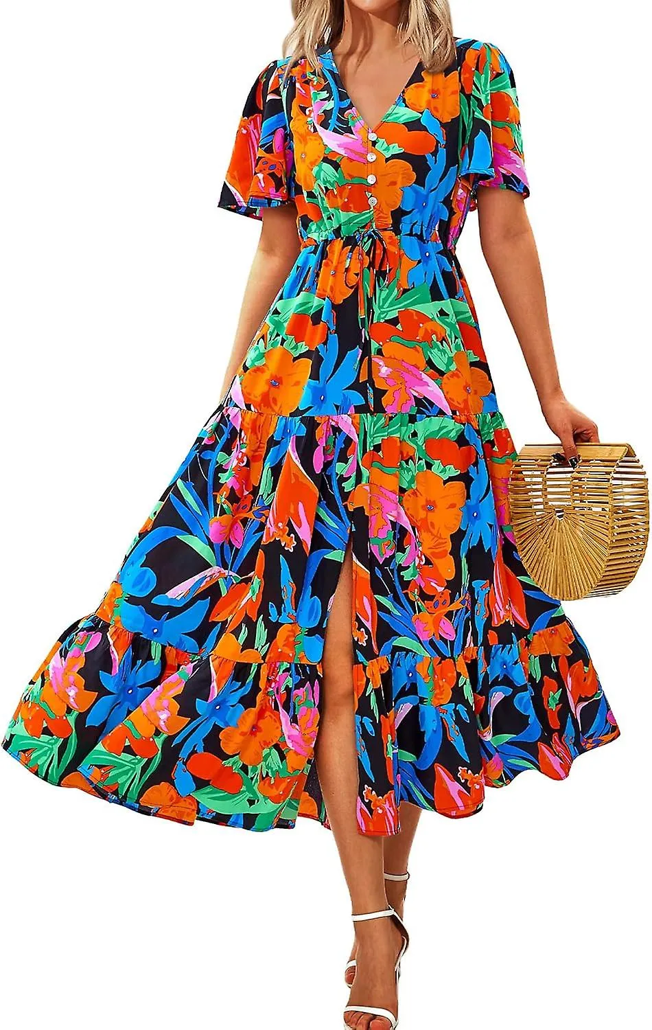 Women Summer Dresses 2024 Casual Short Sleeve V Neck Split Maxi Dress Button Drawstring Beach Long  Gift for family/friend free 