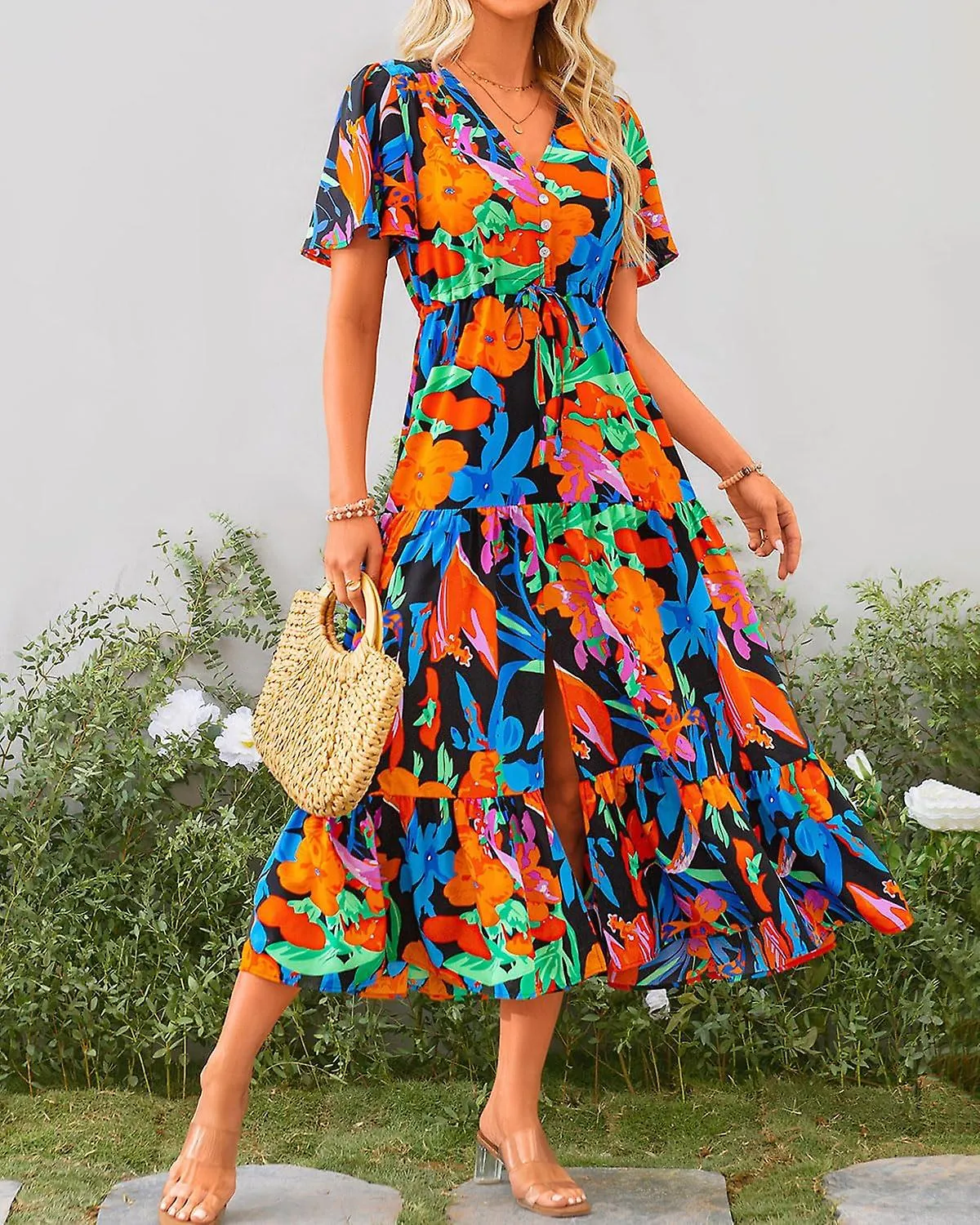 Women Summer Dresses 2024 Casual Short Sleeve V Neck Split Maxi Dress Button Drawstring Beach Long  Gift for family/friend free 