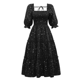 Women's Star Print Square Neck Gathered Short Puff Sleeve Ruffle Hem Casual Midi Dress 1 Piece Black