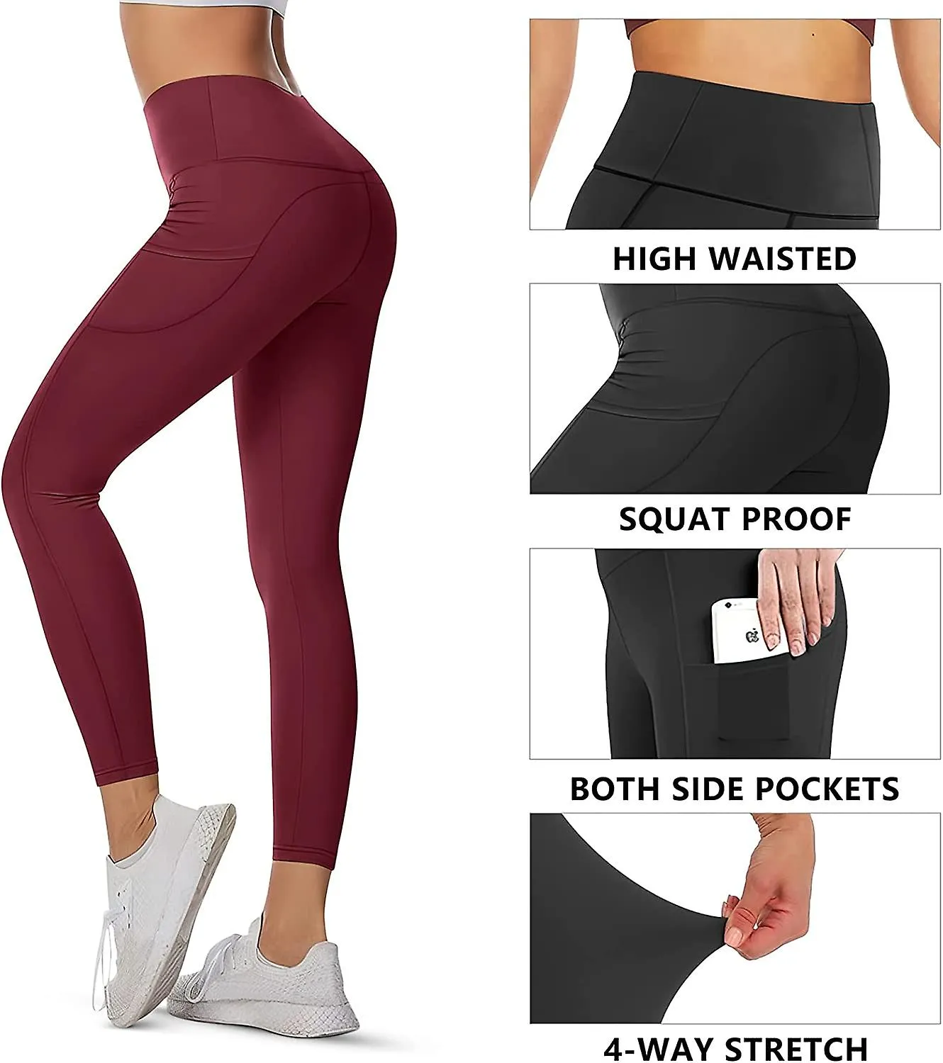 Womens Leggings With Pocket. Soft High Waisted Tummy Control Yoga Pants With Pockets S-3xl